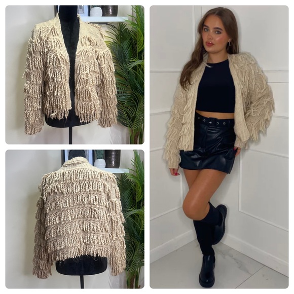 Nasty Gal Tan Gimme More Shaggy Tassel Wool Blend Cardigan Sweater Medium - Picture 1 of 8